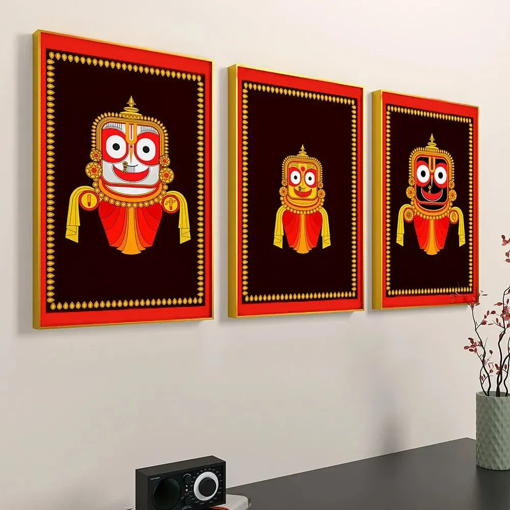 Lord Jagannath Black &amp; Red Wall Frame Set of 3