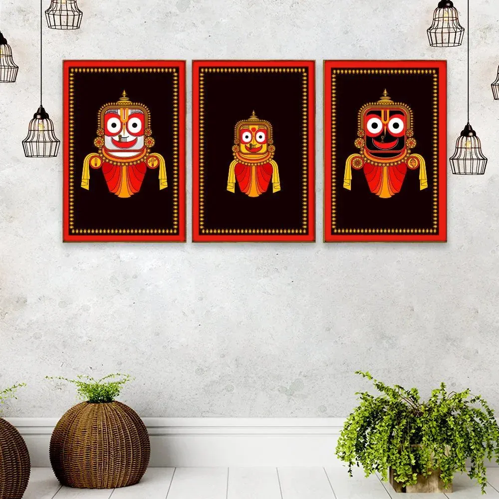 Lord Jagannath Black &amp; Red Wall Frame Set of 3