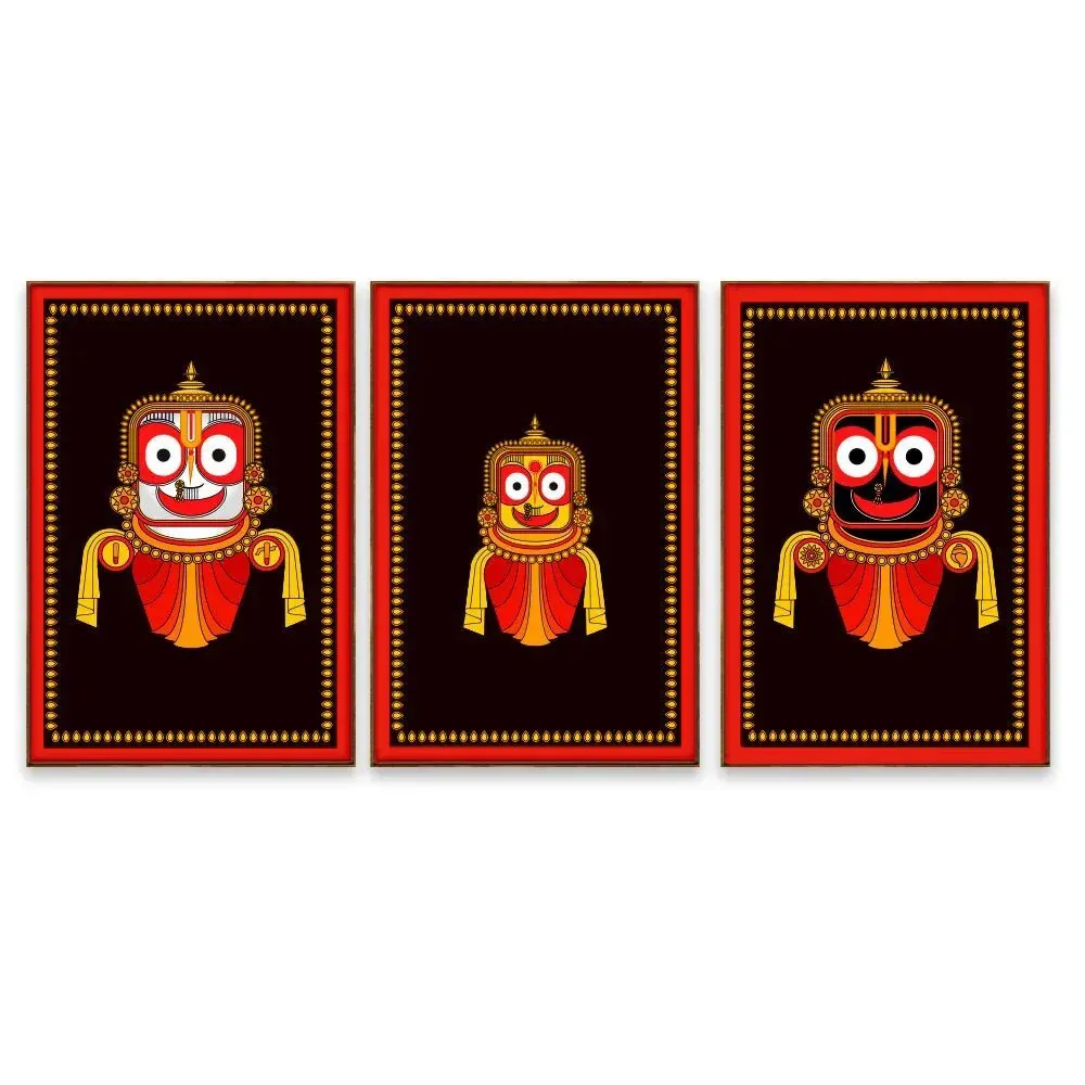 Lord Jagannath Black &amp; Red Wall Frame Set of 3