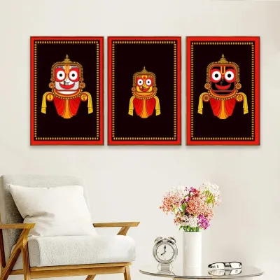 Lord Jagannath Black &amp; Red Wall Frame Set of 3