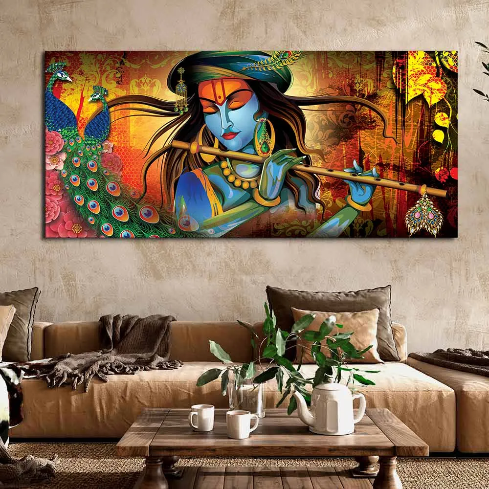 Divine Melody of Krishna with Peacock Vibrant Canvas Wall Painting With Frame