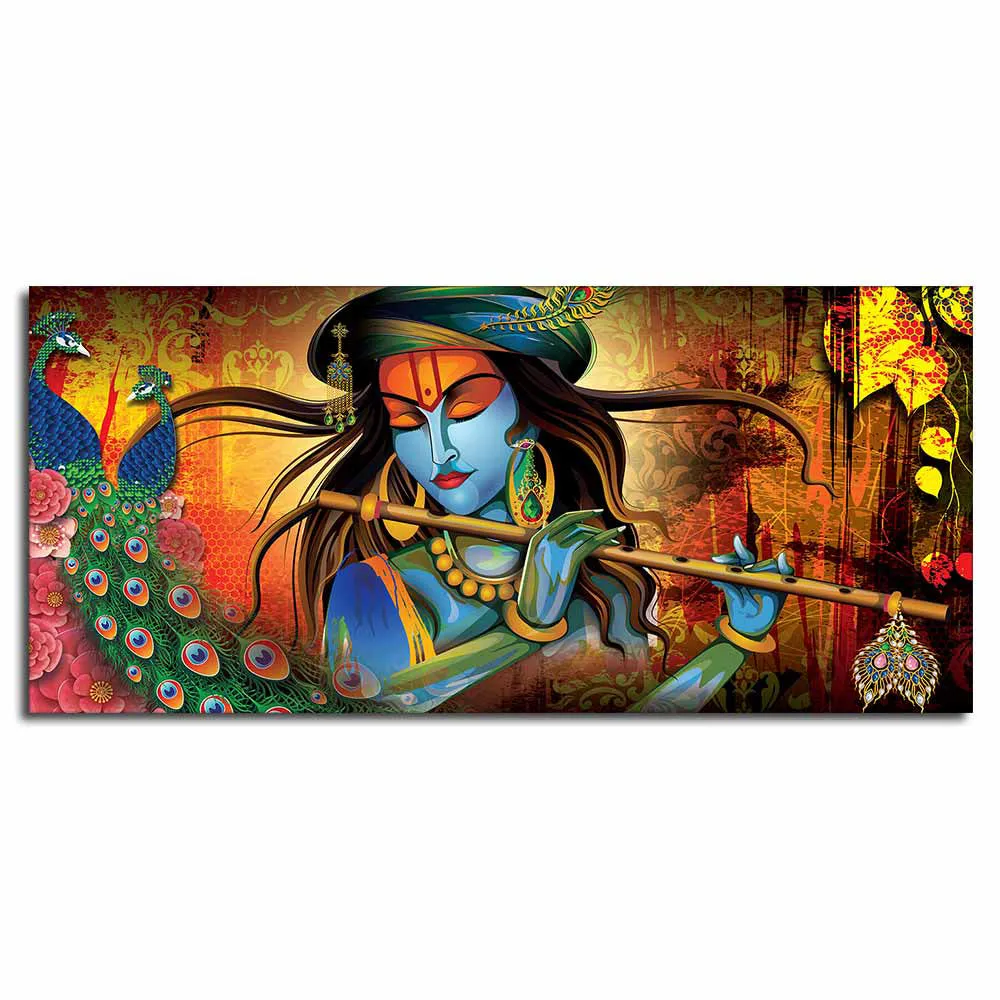 Divine Melody of Krishna with Peacock Vibrant Canvas Wall Painting With Frame