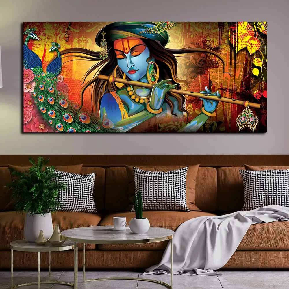 Divine Melody of Krishna with Peacock Vibrant Canvas Wall Painting With Frame