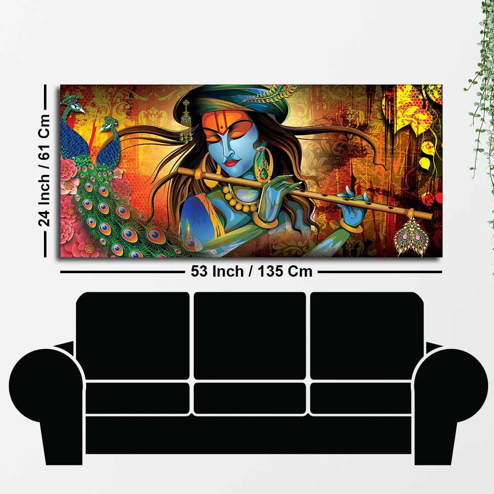 Divine Melody of Krishna with Peacock Vibrant Canvas Wall Painting With Frame