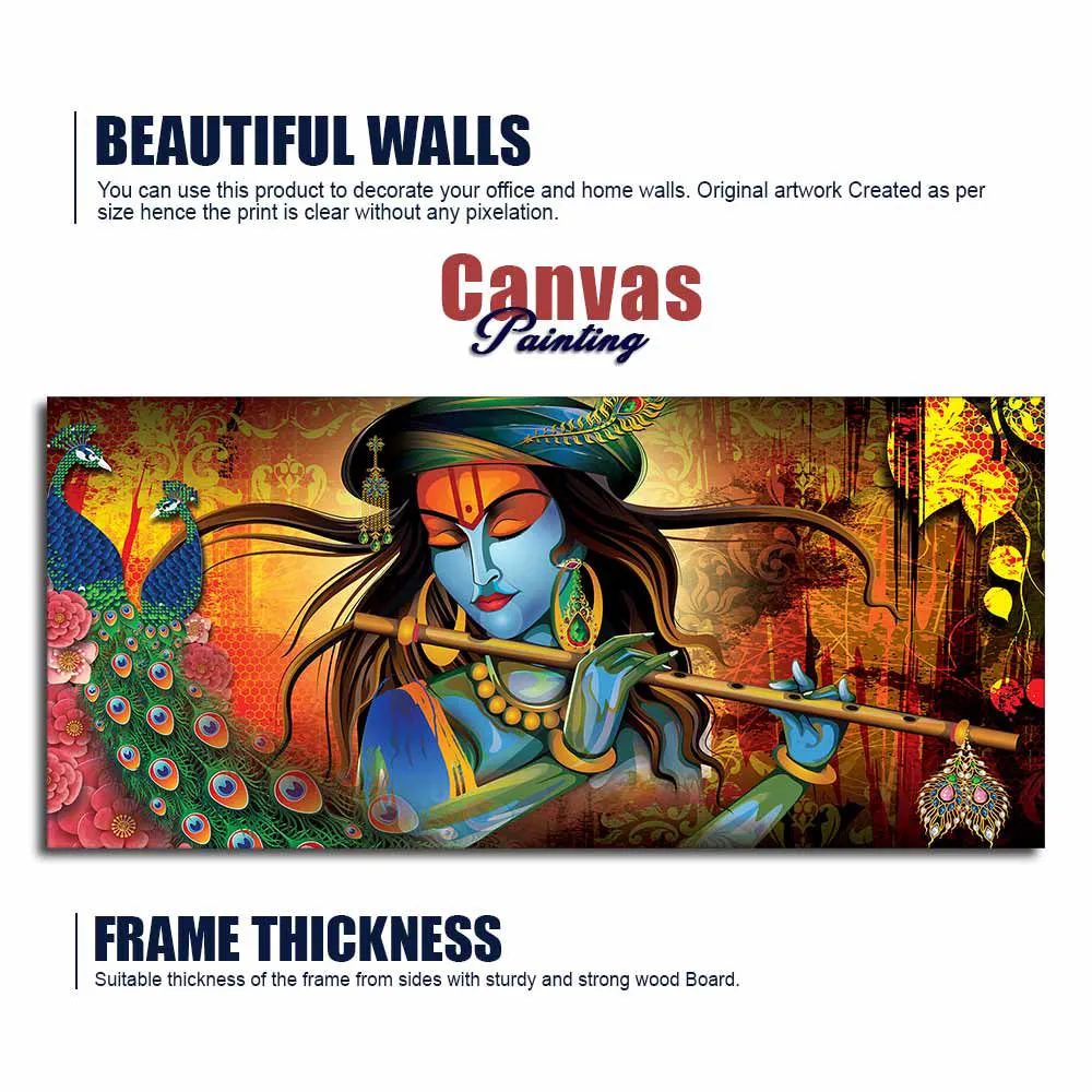 Divine Melody of Krishna with Peacock Vibrant Canvas Wall Painting With Frame