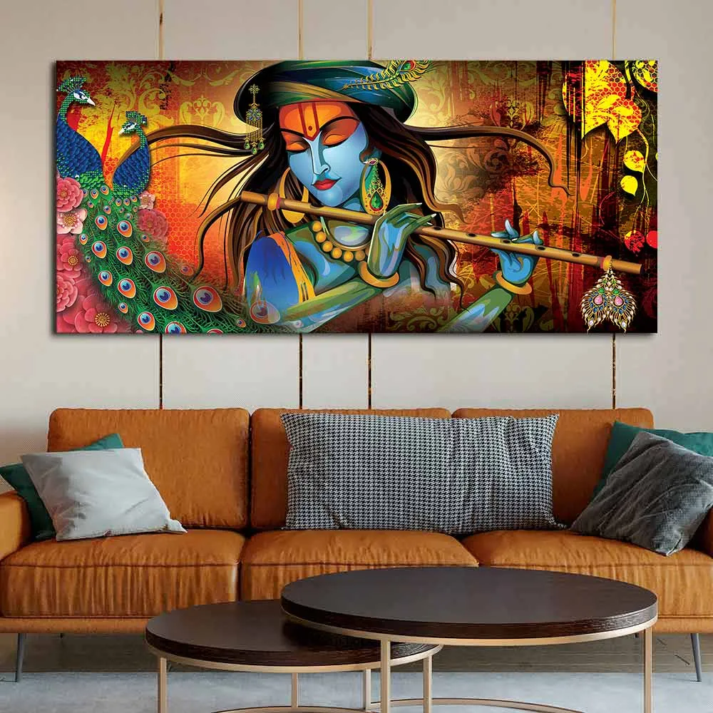 Divine Melody of Krishna with Peacock Vibrant Canvas Wall Painting With Frame