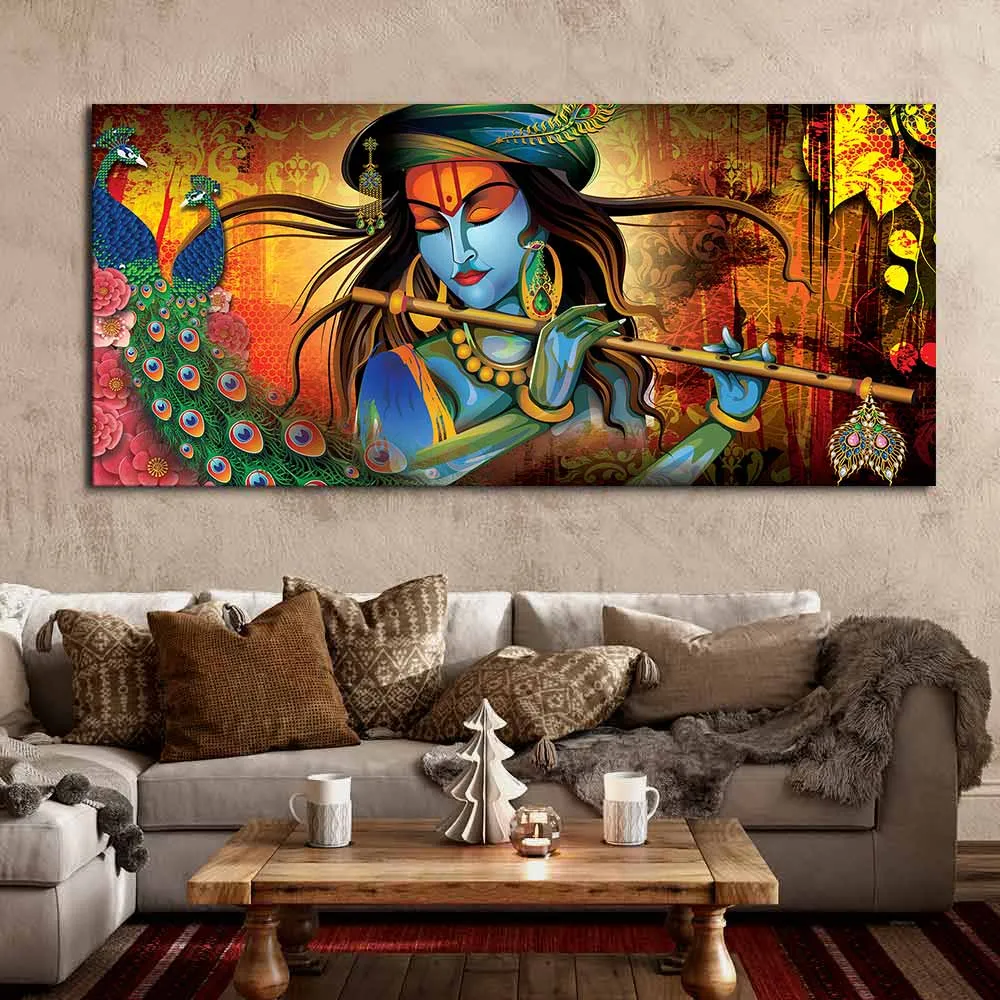 Divine Melody of Krishna with Peacock Vibrant Canvas Wall Painting With Frame
