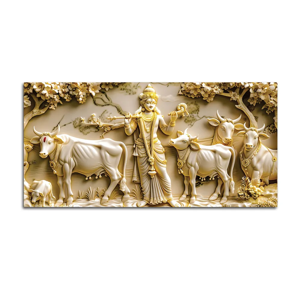 Golden Pastures of Lord Krishna Luxury Canvas Wall Painting With Frame
