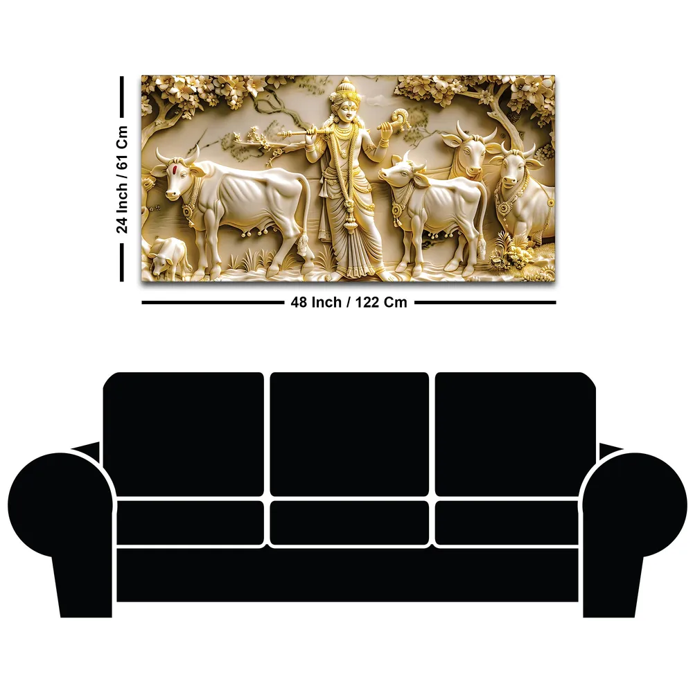 Golden Pastures of Lord Krishna Luxury Canvas Wall Painting With Frame
