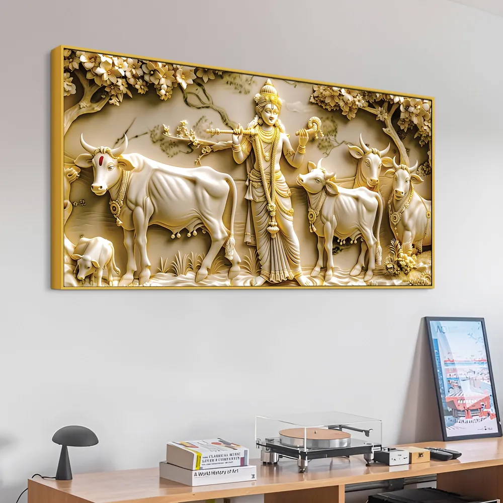 Golden Pastures of Lord Krishna Luxury Canvas Wall Painting With Frame