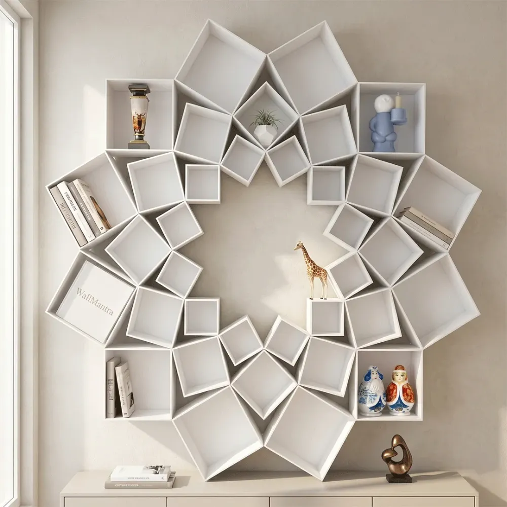Lotus Flower Bookshelf Wooden Wall Cabinet / Book Shelf, White Color