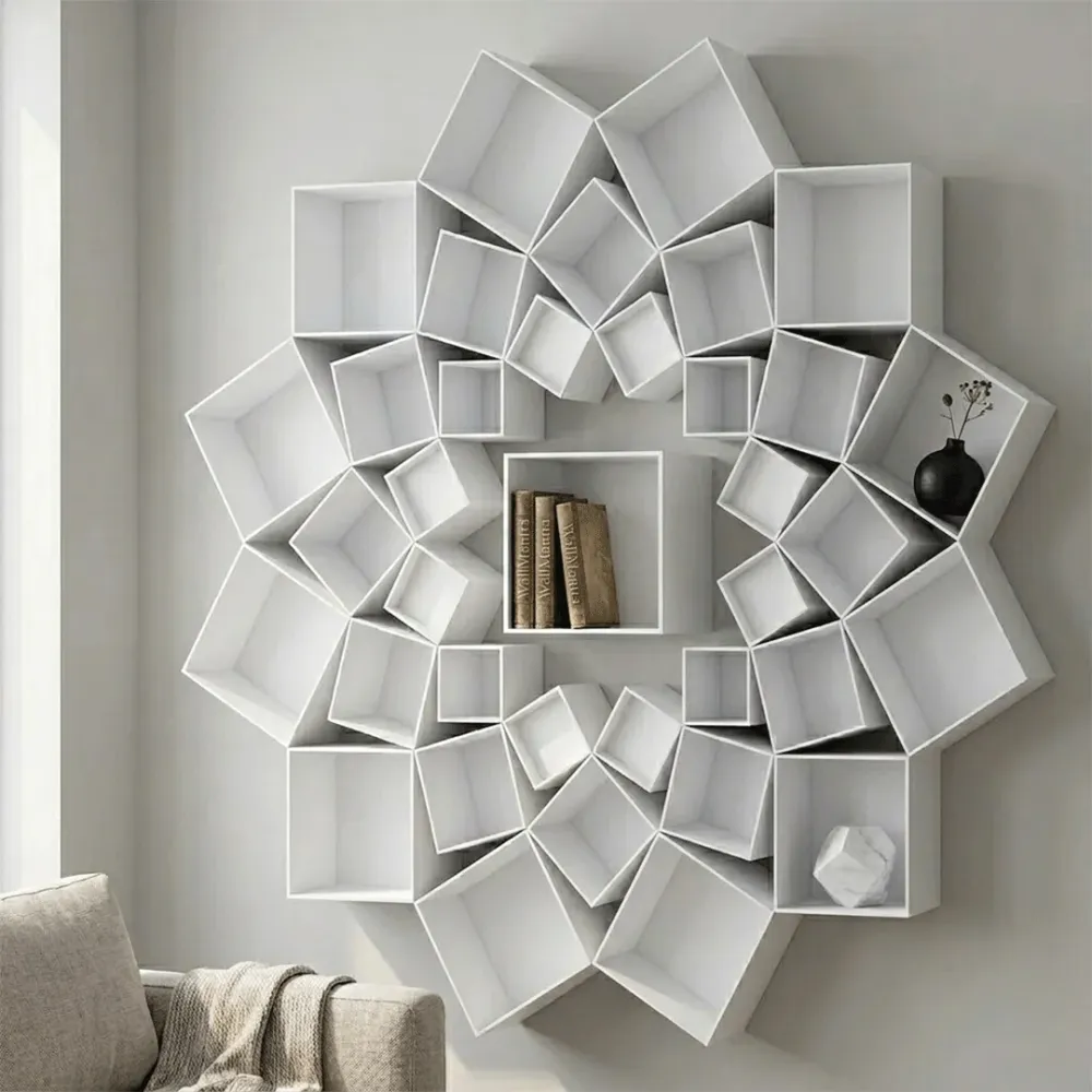 Lotus Flower Bookshelf Wooden Wall Cabinet / Book Shelf, White Color