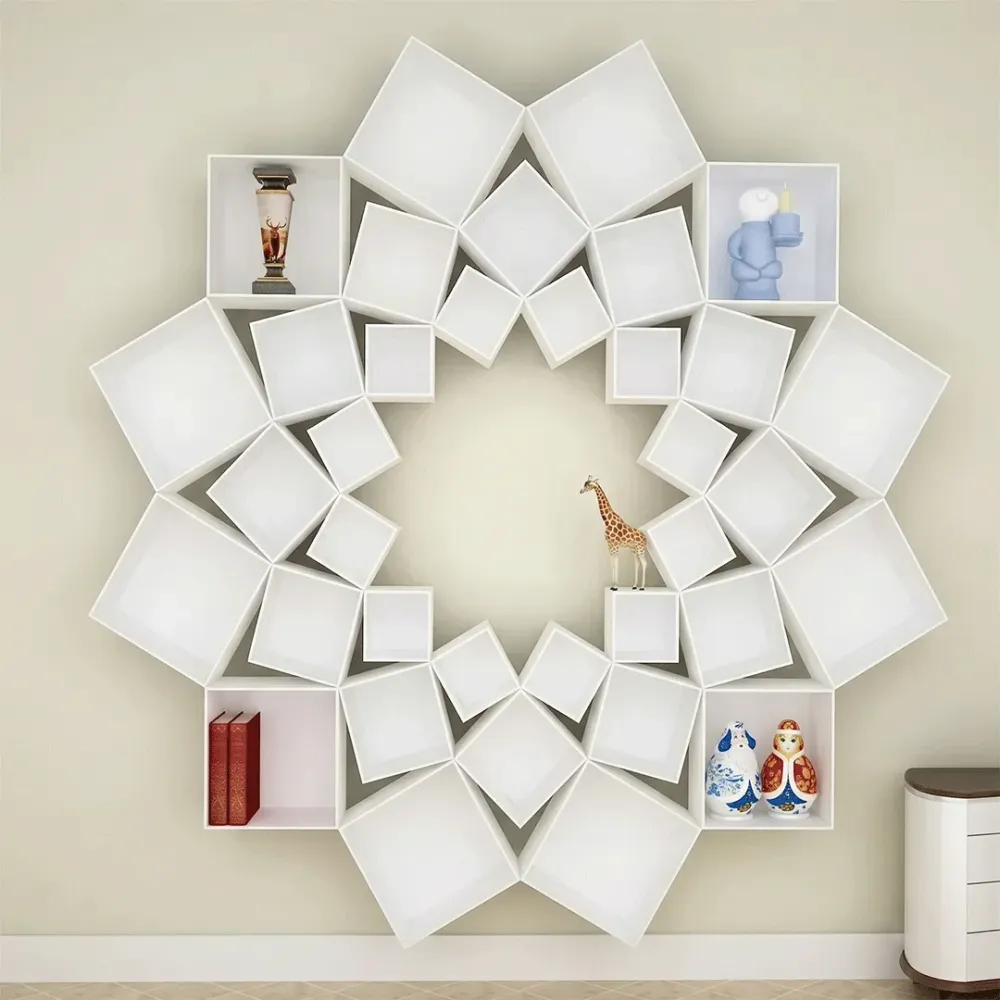 Lotus Flower Bookshelf Wooden Wall Cabinet / Book Shelf, White Color