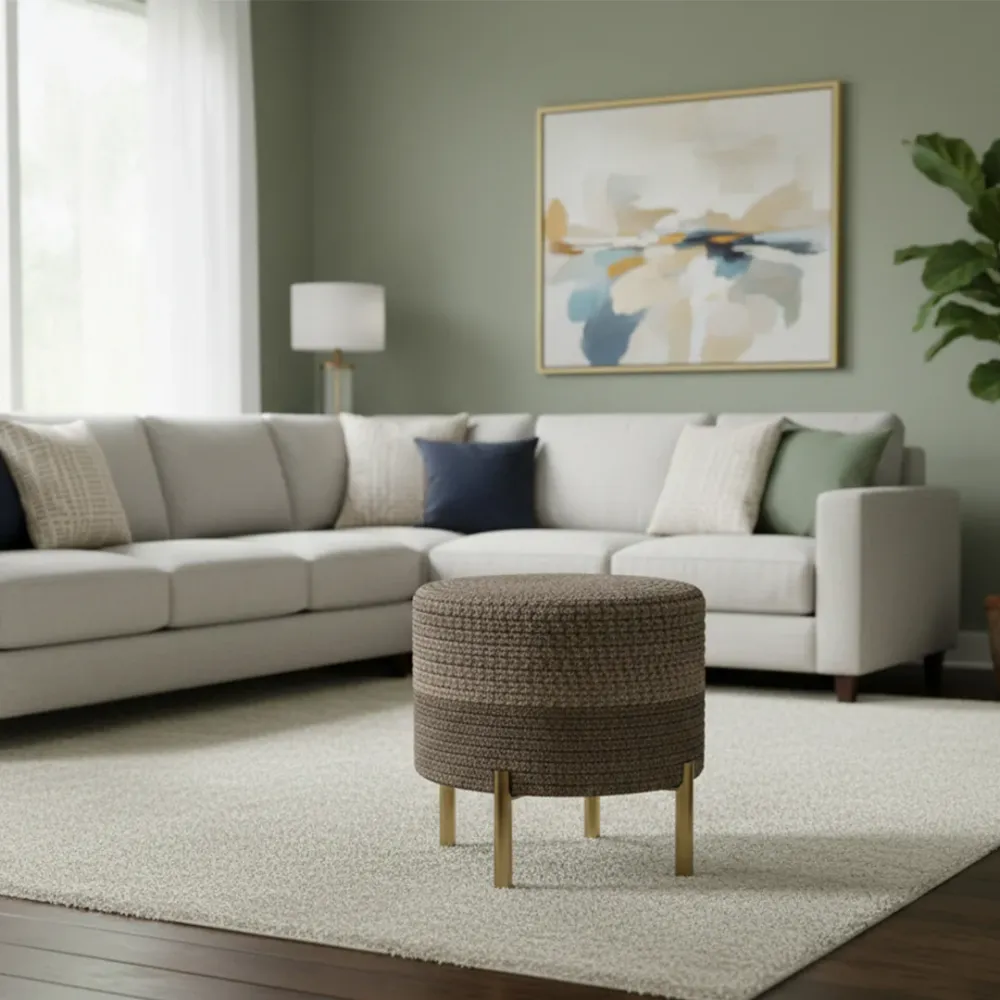 LuxeWeave Aura Indoor Round Braided Pouffe Stool with Metal Legs 