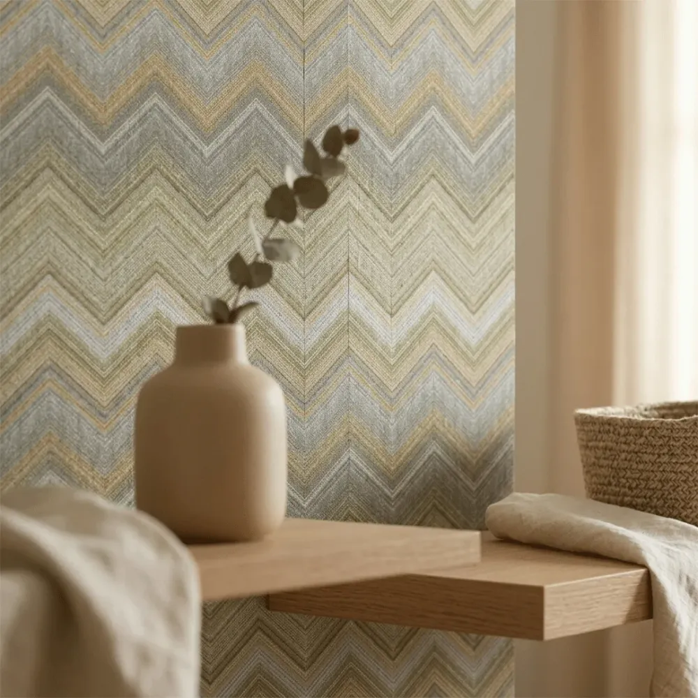Luxury Grey & Gold Chevron Textured Wallpaper