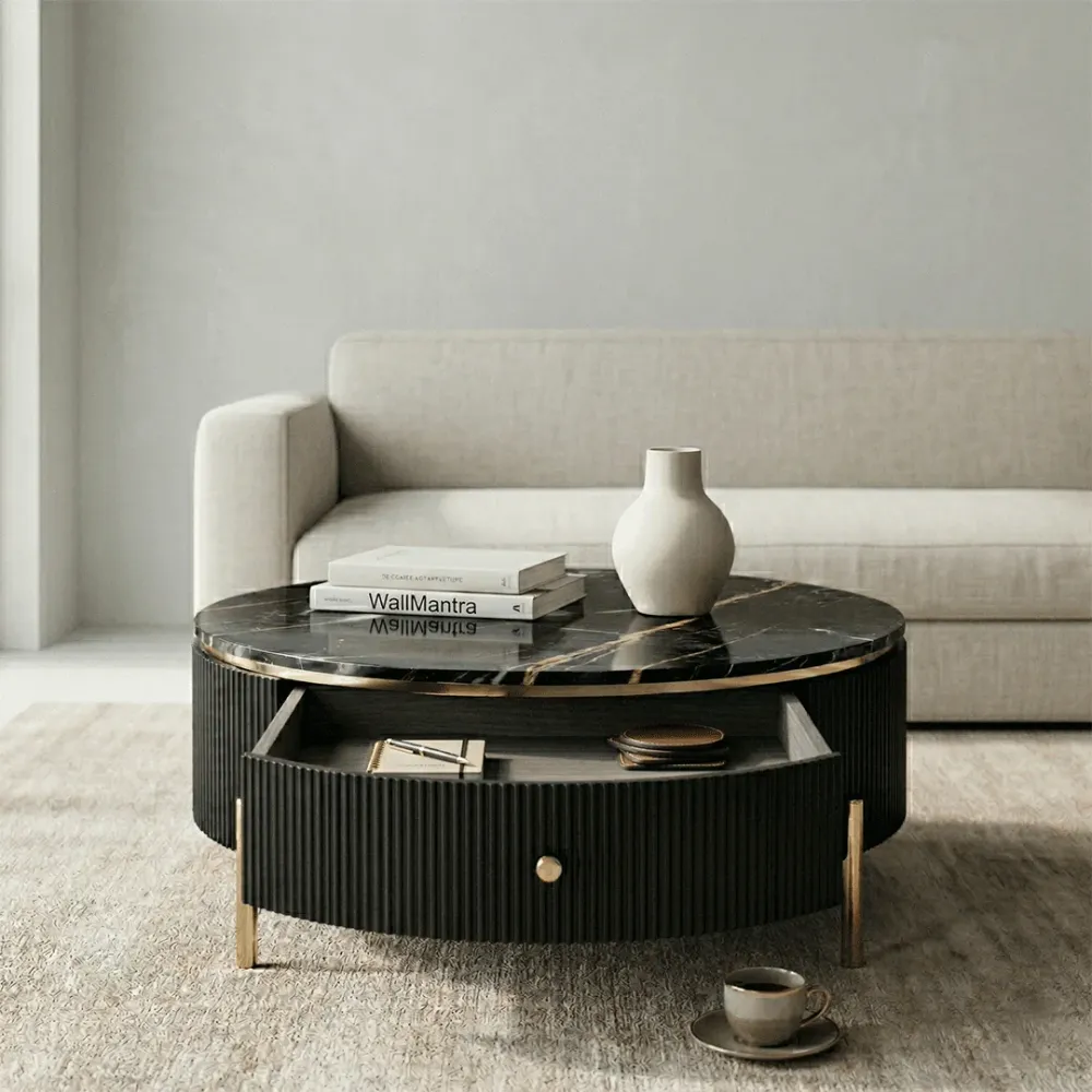 Luxury Round Marble Coffee Table with Drawer Storage 
