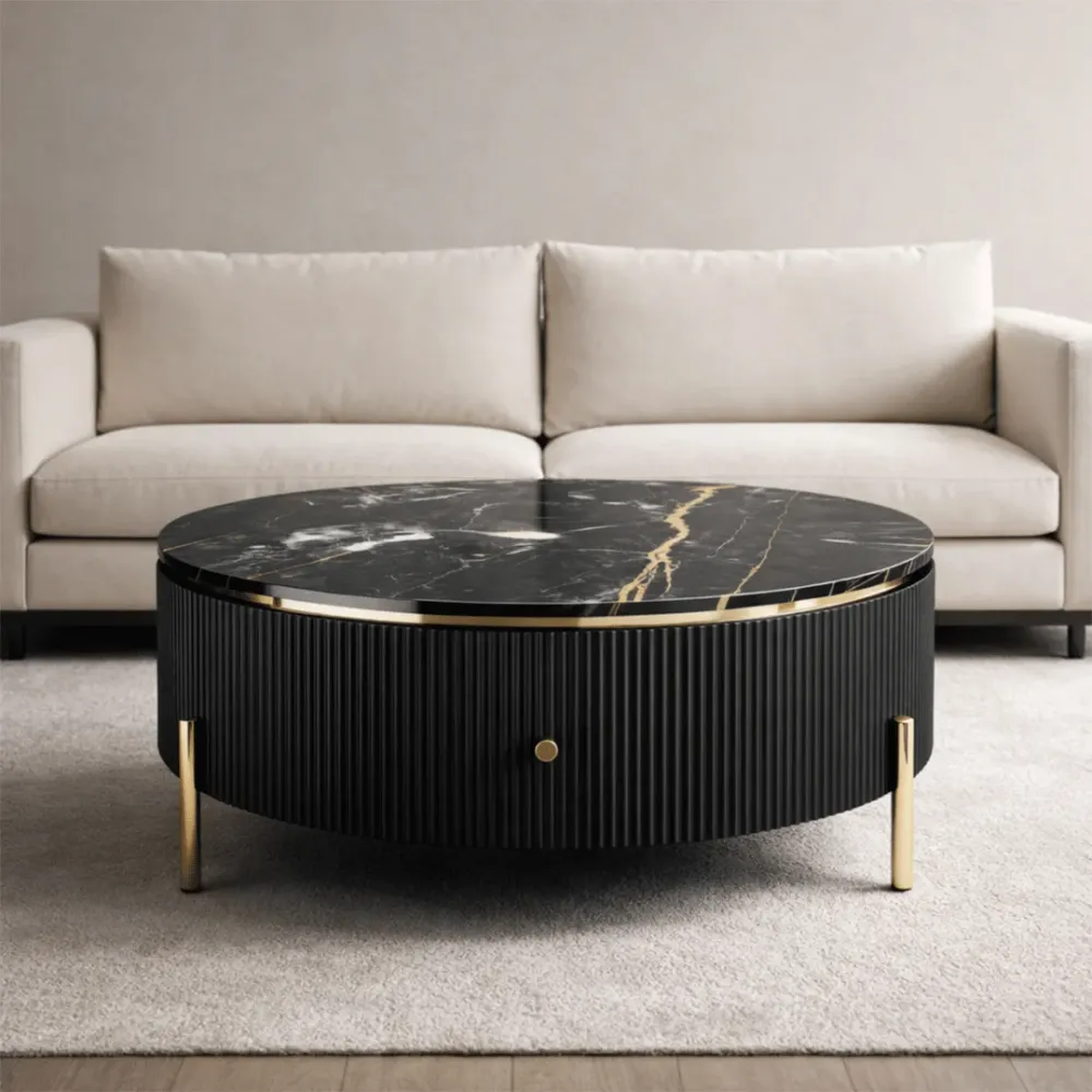 Luxury Round Marble Coffee Table with Drawer Storage 