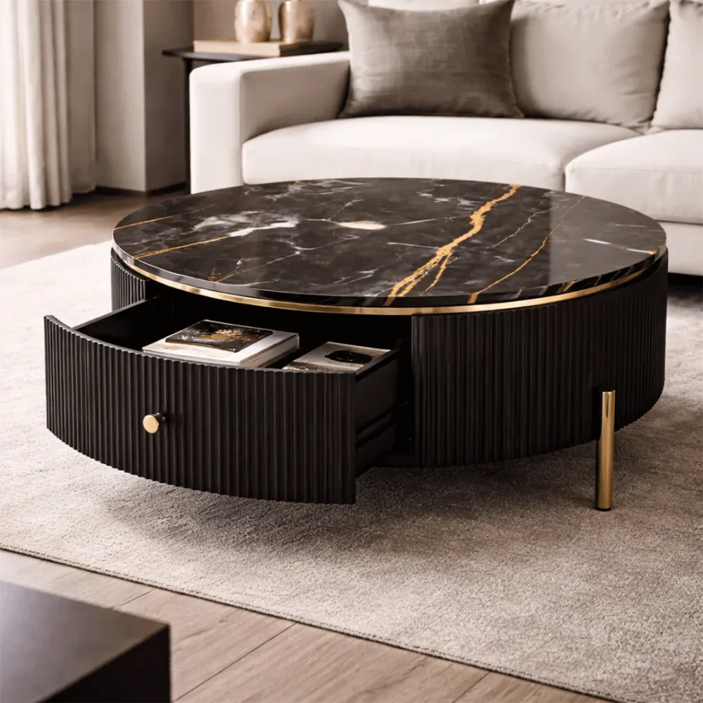 Luxury Round Marble Coffee Table with Drawer Storage 