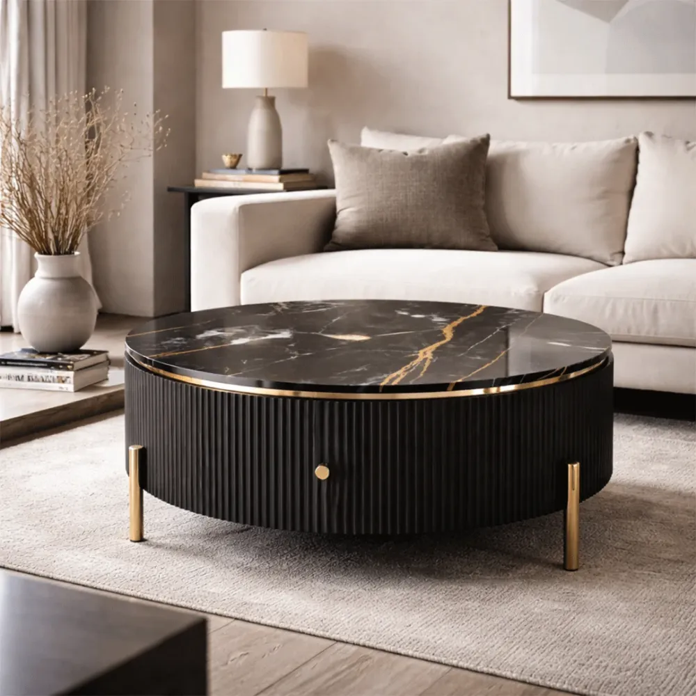 Luxury Round Marble Coffee Table with Drawer Storage 