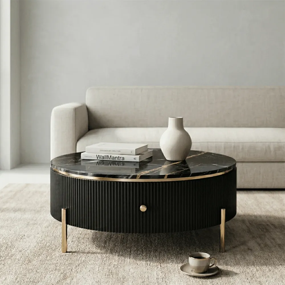Luxury Round Marble Coffee Table with Drawer Storage 