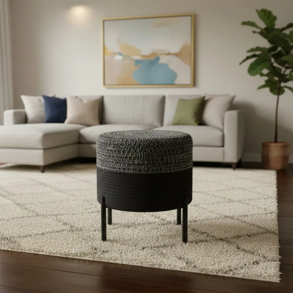 Midnight Weave Indoor Round Braided Pouffe Stool with Metal Legs 