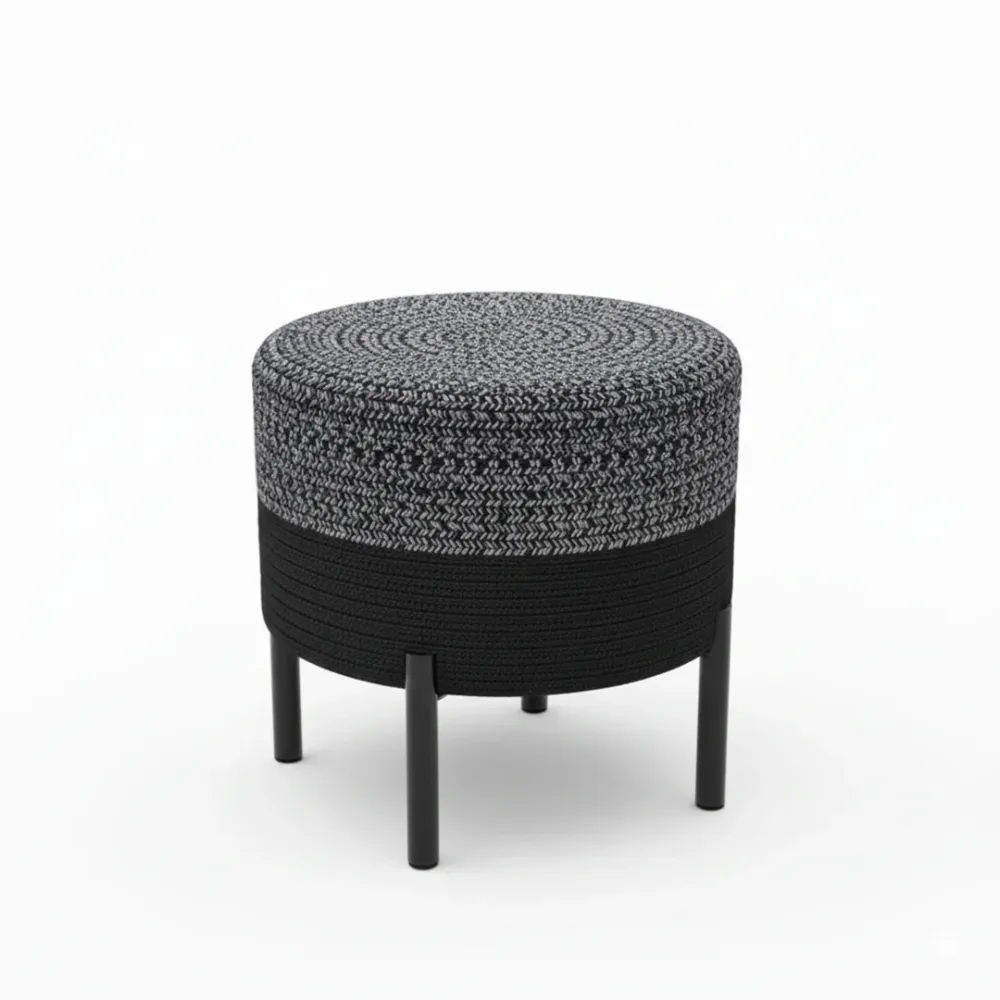 Midnight Weave Indoor Round Braided Pouffe Stool with Metal Legs 
