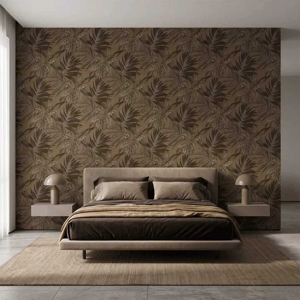 Mocha Brown Tropical Botanical Textured Wallpaper