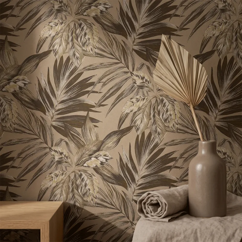 Mocha Brown Tropical Botanical Textured Wallpaper