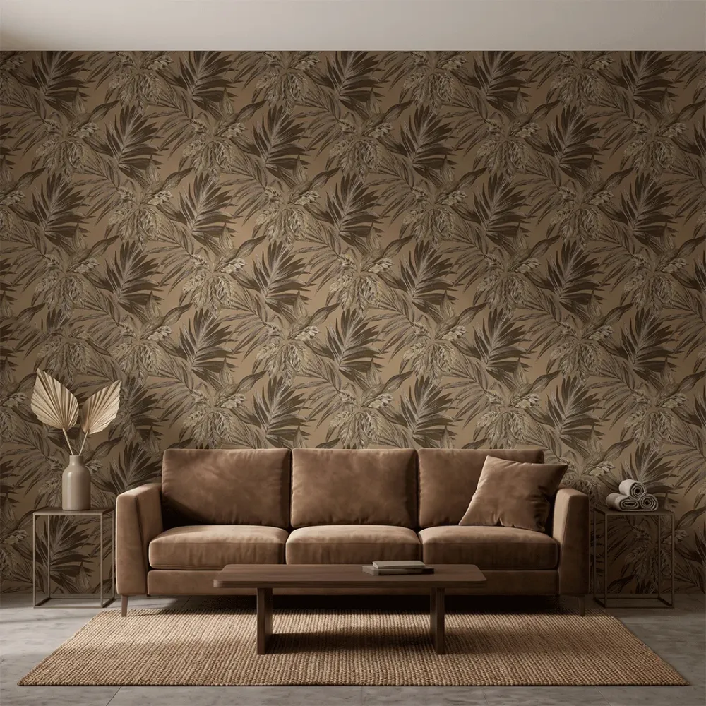 Mocha Brown Tropical Botanical Textured Wallpaper