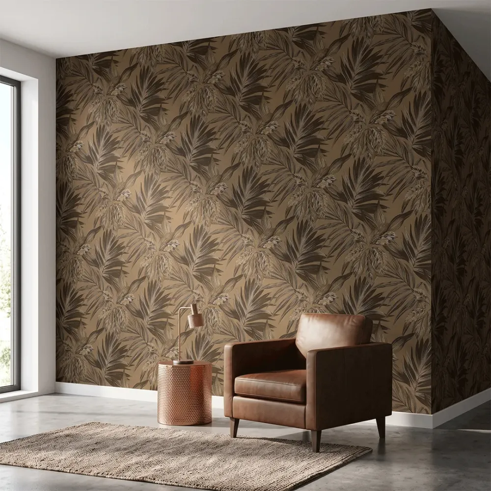 Mocha Brown Tropical Botanical Textured Wallpaper