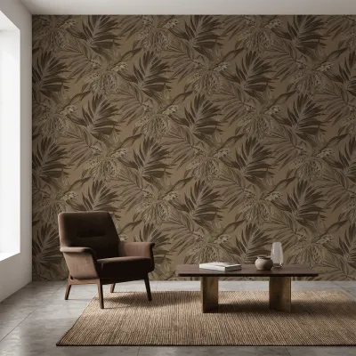 Mocha Brown Tropical Botanical Textured Wallpaper