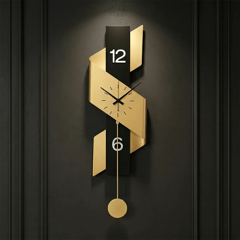 Modern Geometric Metal Wall Clock with Pendulum – Black & Gold 