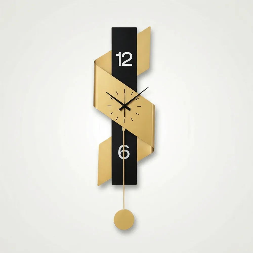 Modern Geometric Metal Wall Clock with Pendulum – Black & Gold 