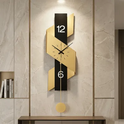 Modern Geometric Metal Wall Clock with Pendulum – Black & Gold