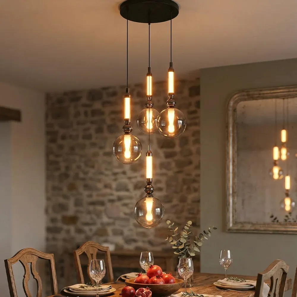 Modern Linear Glass Globe Cluster Pendant Light – Contemporary Hanging Ceiling Lamp 