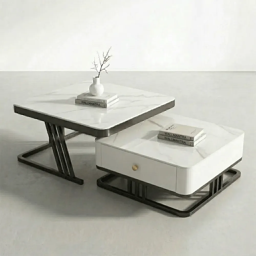 Modern Marble Coffee Table Set with Storage Drawer 