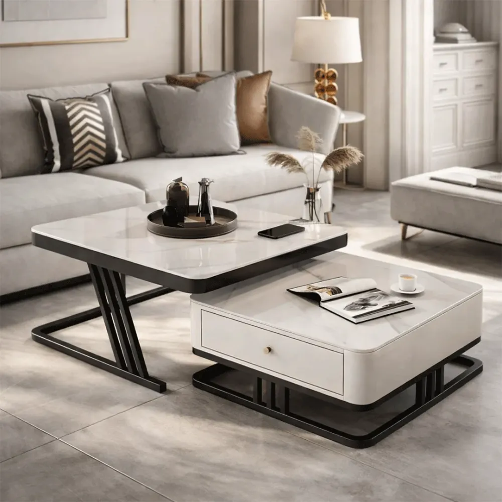 Modern Marble Coffee Table Set with Storage Drawer 