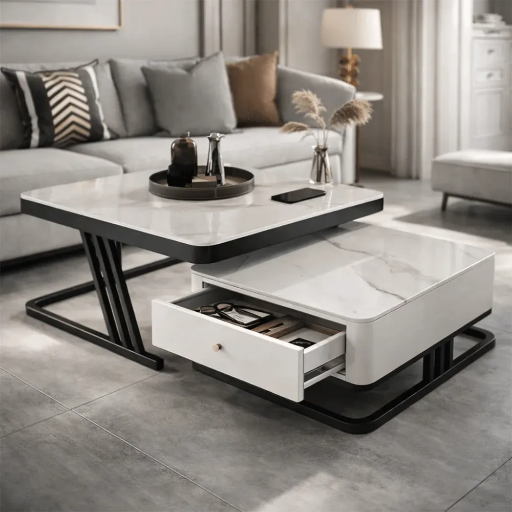 Modern Marble Coffee Table Set with Storage Drawer 