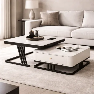 Modern Marble Coffee Table Set with Storage Drawer