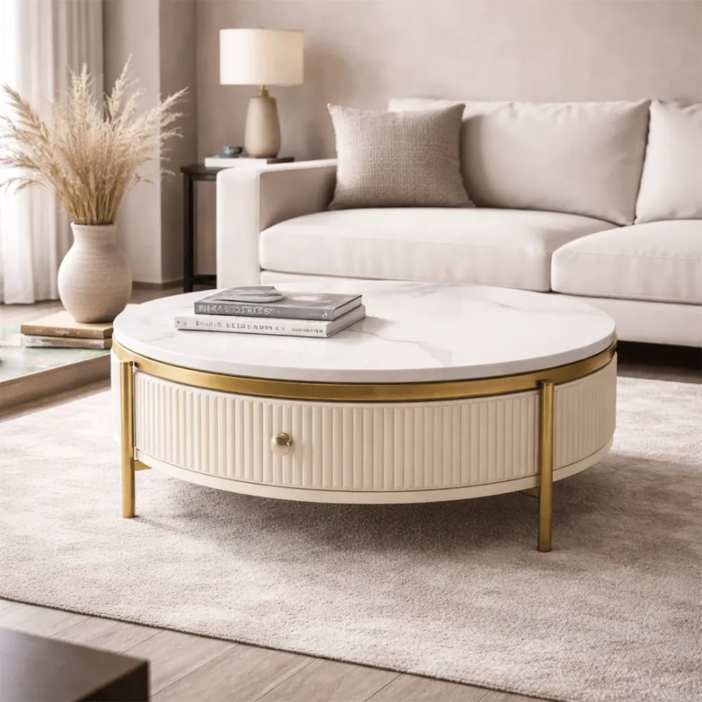 Modern White Marble Coffee Table with Storage 