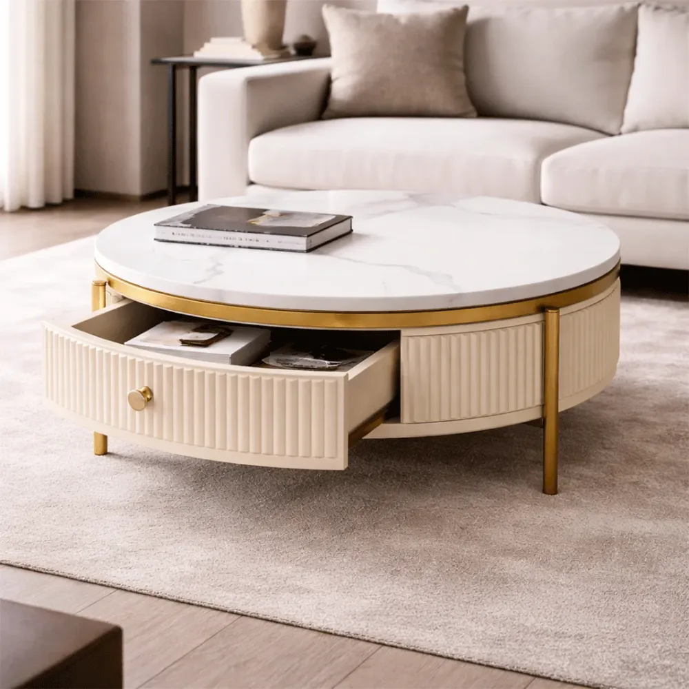 Modern White Marble Coffee Table with Storage 