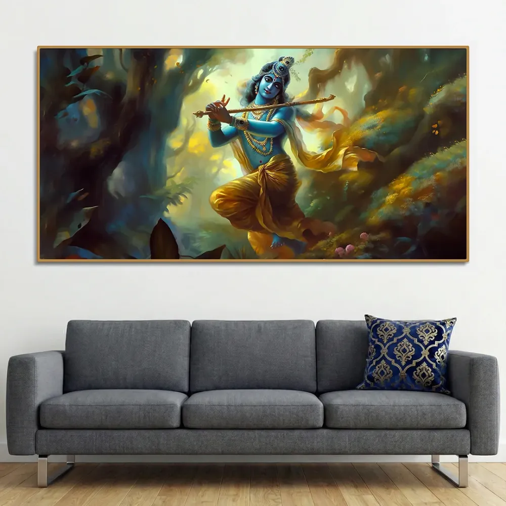 Mystic Melody of Lord Krishna Canvas Wall Painting With Frame