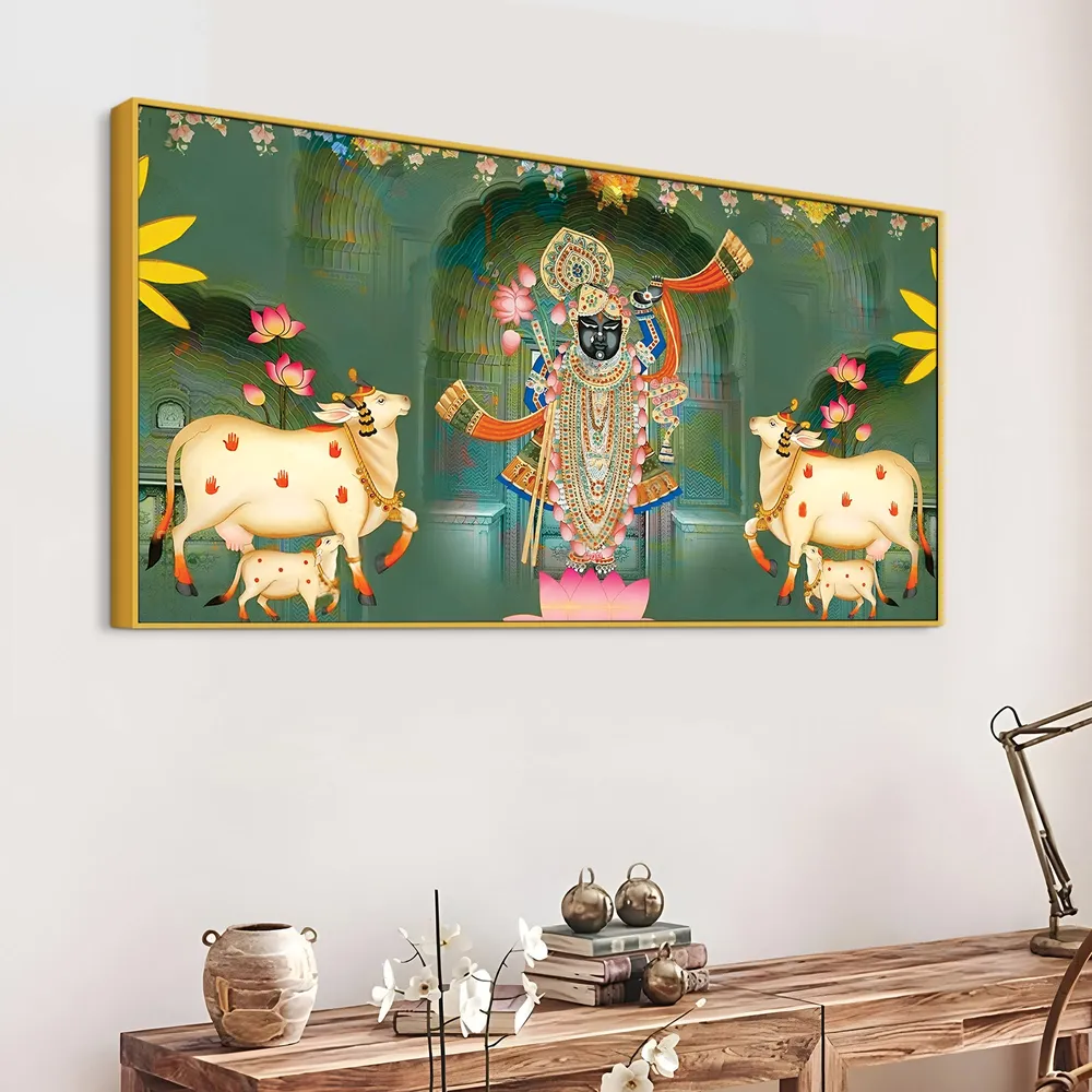 Sacred Blessings of Shrinathji Pichwai Canvas Wall Painting With Frame
