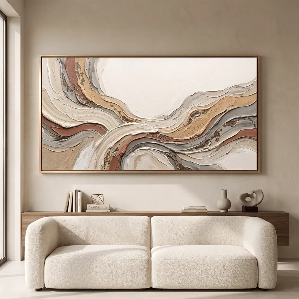Neutral Abstract Landscape Canvas Wall Painting | 48 x 24 Inches With Frame