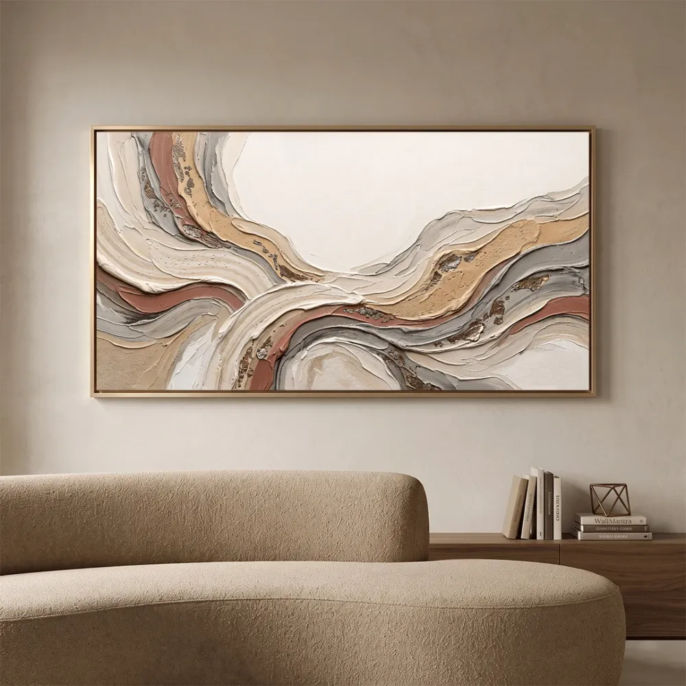Neutral Abstract Landscape Canvas Wall Painting | 48 x 24 Inches With Frame