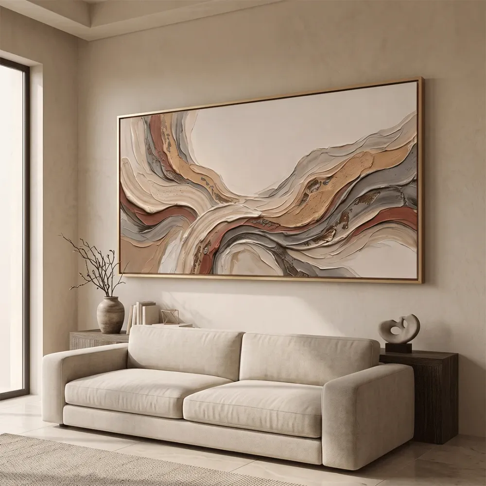 Neutral Abstract Landscape Canvas Wall Painting | 48 x 24 Inches With Frame