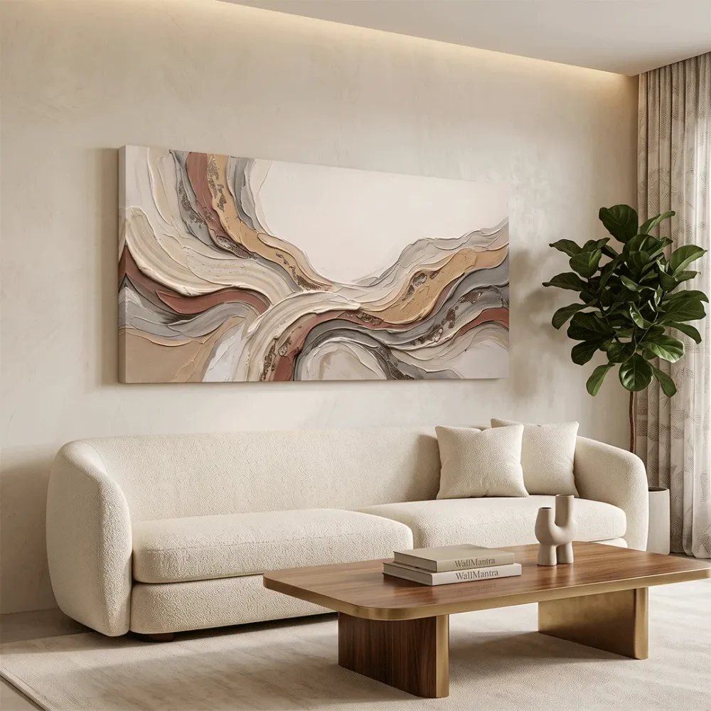 Neutral Abstract Landscape Canvas Wall Painting | 48 x 24 Inches With Frame
