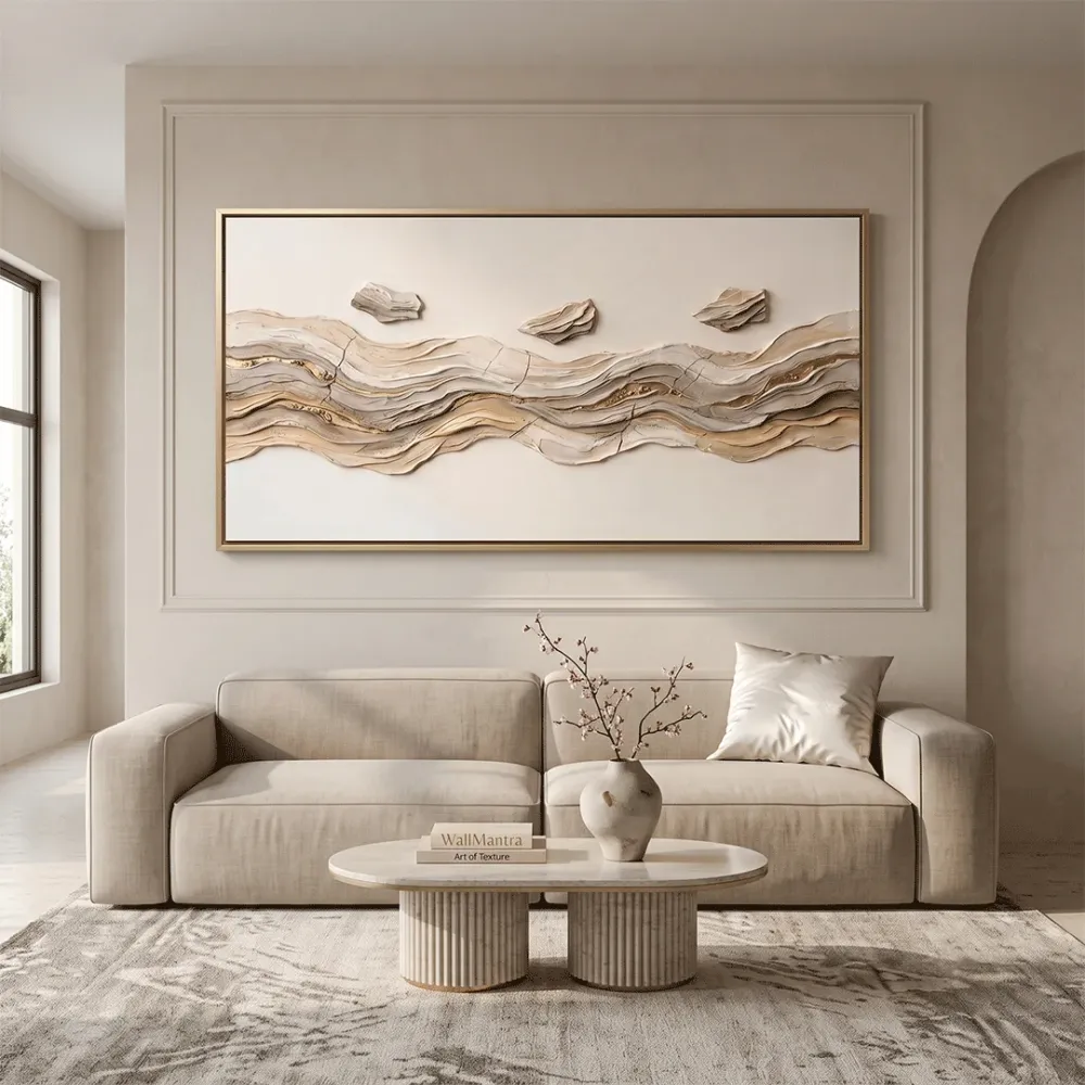 Neutral Abstract Texture Canvas Painting | Luxury Modern Wall Art | 48 × 24 Inches With Frame