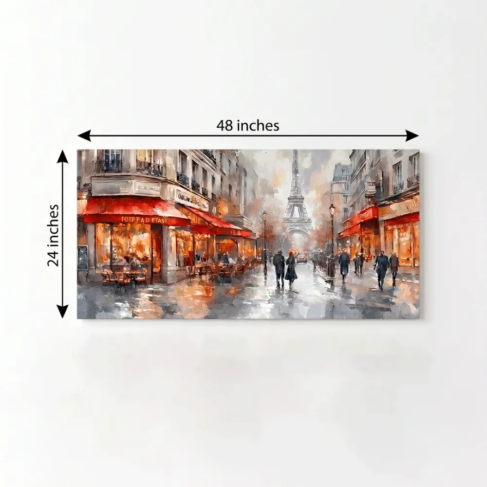 Paris Café Street Canvas Wall Art – Eiffel Tower Panorama With Frame