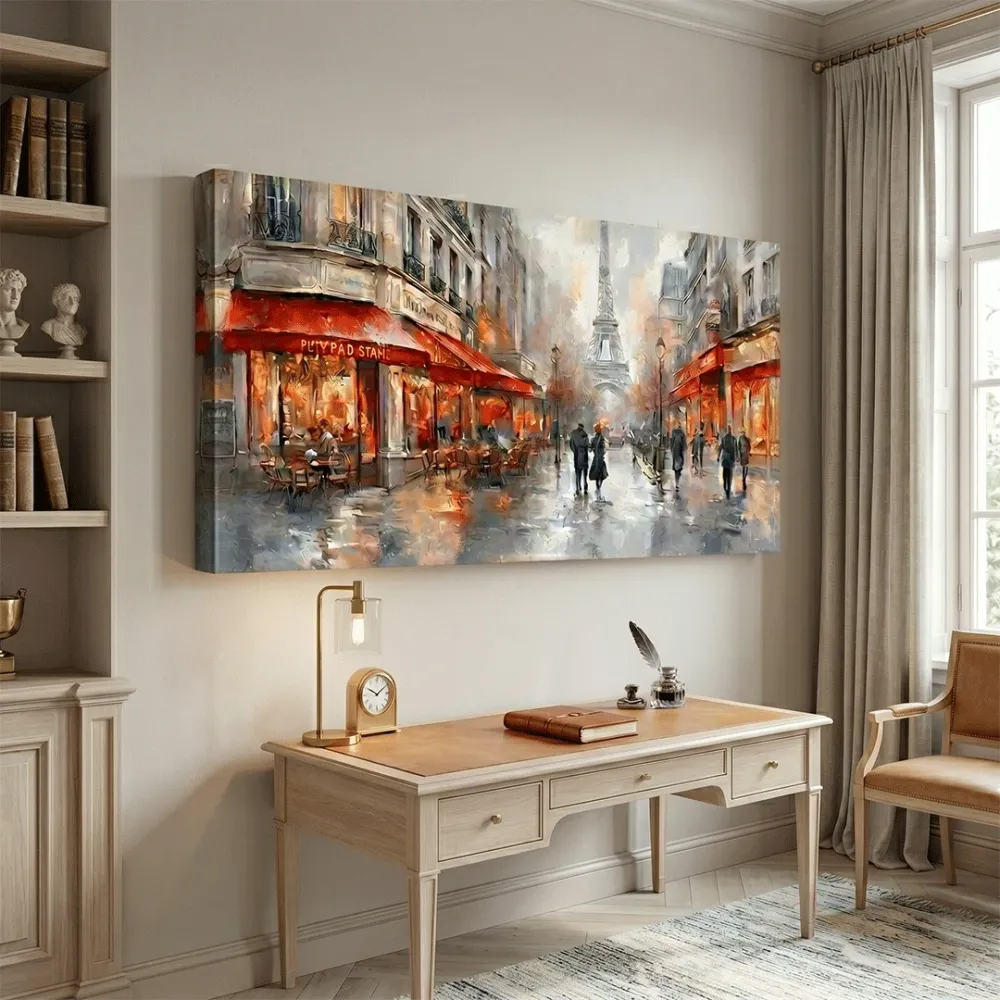 Paris Café Street Canvas Wall Art – Eiffel Tower Panorama With Frame